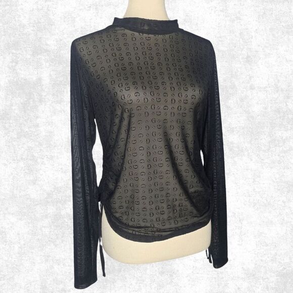 Guess Black Sheer Mesh Monogram Top – Edgy Long Sleeve Festival Layering XL - Picture 6 of 7